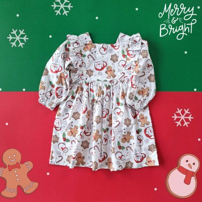 BACK TO FRONT LONGSLEEVES WHITE XMAS DRESS  100% PRINTED COTTON*PRE-ORDER SHIP OUT 24 NOVEMBER,