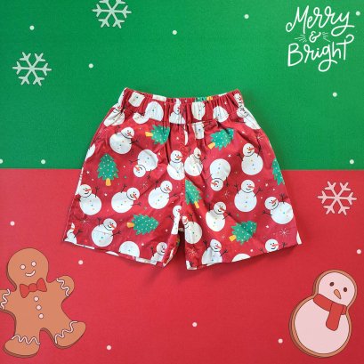 BOYS & GIRLS CHRISTMAS RED SNOWMAN  ELASTIC WAISTBAND SHORTS  / 100% PRINTED COTTON