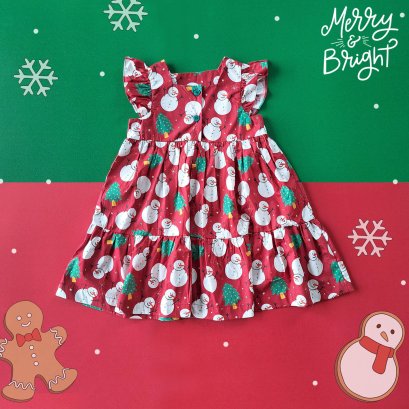 BUTTONS FRONT FLUTTER SLEEVE DRESS RED SNOWMAN100% PRINTED COTTON