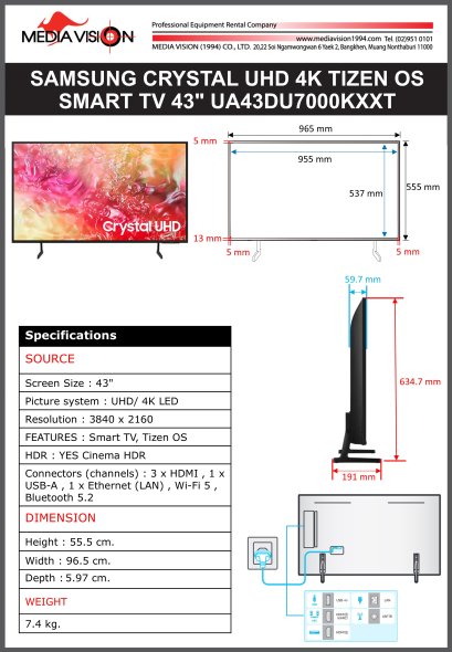 SAMSUNG CRYSTAL UHD 4K TIZEN OS  SMART TV 43" UA43DU7000KXXT