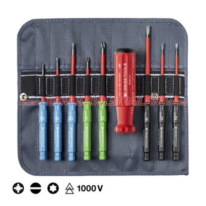 PB5218SU ชุดไขควงเปลี่ยนหัวได้ 9 ตัวชุด (รวมด้าม) ใช้กับหัวแบน-PZ-ทอร์ค พร้อมซองหนัง สำหรับงานไฟฟ้า VDE1000V หรือกระแสตรง 1500V PB SWISS TOOLS