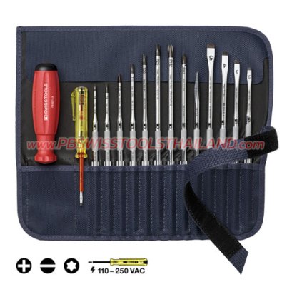 PB8222 ชุดไขควงเปลี่ยนหัวได้ 15 ตัวชุด (รวมด้าม+ไขควงลองไฟ) ใช้กับหัวแบน-แฉก-ทอร์ค พร้อมซองหนัง PB SWISS TOOLS