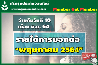 ค่าสายงาน+แนะนำยอดเกิน 15,000 บาท ตั้งแต่ 1-31 พฤษภาคม 64
