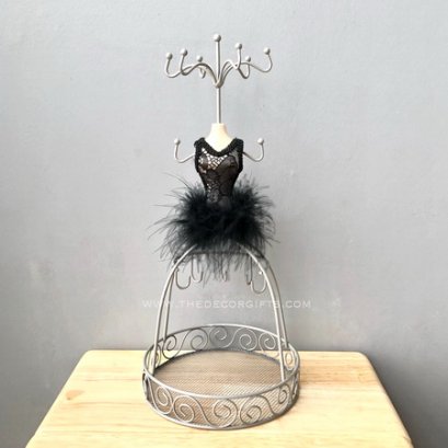 หุ่นแขวนสร้อยเก็บเครื่องประดับชุดราตรีลูกไม้ดำขนนกดำ