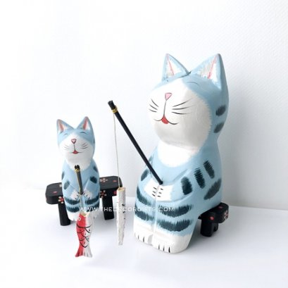 แมวญี่ปุ่นแม่ลูกนั่งตกปลา (2 ตัว) สีฟ้าคาดดำ