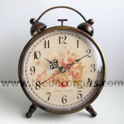 นาฬิกาโลหะตั้งโต๊ะ ทรงนาฬิกาปลุกสีบรอนซ์ สไตล์วินเทจ