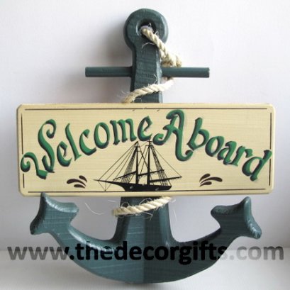 สมอเรือไม้ (สีเขียวน้ำทะเล) ป้าย Welcome Aboard แนวทะเล