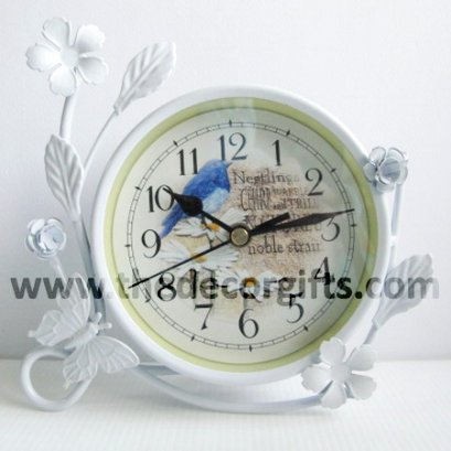นาฬิกาเหล็กตั้งโต๊ะ ดอกไม้เลื้อย สไตล์วินเทจ (ลายนกฟ้า)