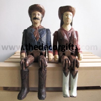 ตุ๊กตาห้อยขา CowBoy&amp;Girl งานไม้แกะสลัก แนวคันทรี่ส์วินเทจ (2 ตัว)