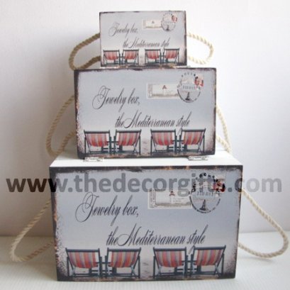 กล่องไม้ Mediterranean (3 ใบ) ลายเก้าอี้ผ้าใบ