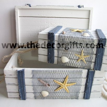 หีบไม้ขาวน้ำเงินแต่งปลาดาว แนวทะเล (2 ใบ)