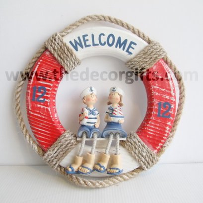 ห่วงชูชีพไม้แดงขาว กะลาสีคู่ Welcome (ใหญ่) แนวทะเล