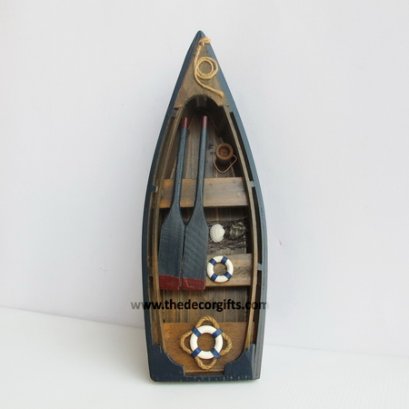 เรือพายไม้จำลอง (S) ตกแต่งจับปลา แนวทะเล (น้ำเงิน)