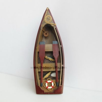 เรือพายไม้จำลอง (S) ตกแต่งจับปลา แนวทะเล (แดง)