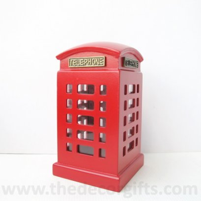 กระปุกออมสิน ตู้โทรศัพท์แดง (ทรงป้อม) งานไม้อย่างดี