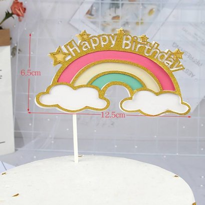 ป้ายกระดาษHBD สายรุ้งสีทองและก้อนเมฆเล็ก (1 แพค 5 ชิ้น)