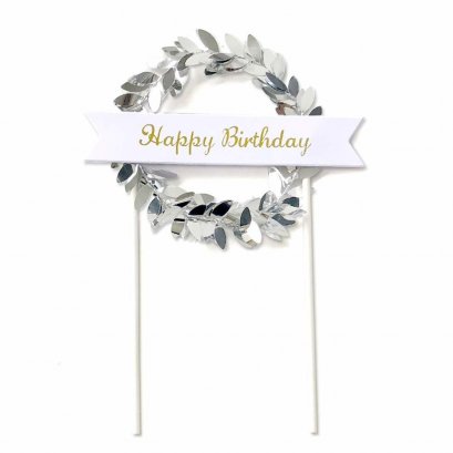 ป้ายกระดาษHBDใบมะกอกสีเงินวาว (1 แพค 5 ชิ้น)