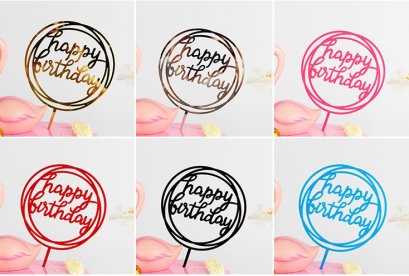 ป้าย HBD อะคริลิคลายวงกลมซ้อนฟอนต์เขียน (10ชิ้น)