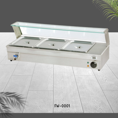 ถาดอุ่นอาหารไฟฟ้า 3 ถาด ตัวตู้อุ่นอาหารเป็นสแตนเลส วางถาดได้ 3 ถาด พร้อมกระจกกันน้ำลายด้านหน้า เป็นตู้อุ่นโดยใช้ระบบฮีทเตอร์ในน้ำสำหรับอุ่นข้าวแกง อุ่นอาหาร เป็นรุ่นวางบนเคาว์เตอร์