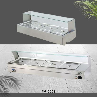 เคาว์เตอร์อุ่นอาหาร 4 ถาด หรือ ตู้อุ่นอาหารไฟฟ้า 4 ถาด เป็นรุ่นวางบนโต๊ะ มีกระจกกันน้ำลาย 1 ด้าน ใช้ระบบฮีทเตอร์อุ่นอาหาร