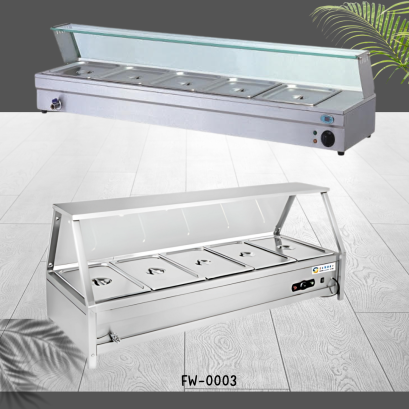 เคาว์เตอร์อุ่นข้าวแกง 5 ถาดใช้ระบบไฟฟ้า สแตนเลสเกรด 304 ถาดหลุมขนาด 32.5*26.5*10ซม. จำนวน 5 ถาด ใช้ไฟฟ้าในการอุ่นอาหาร พร้อมกระจกครอบด้านบน