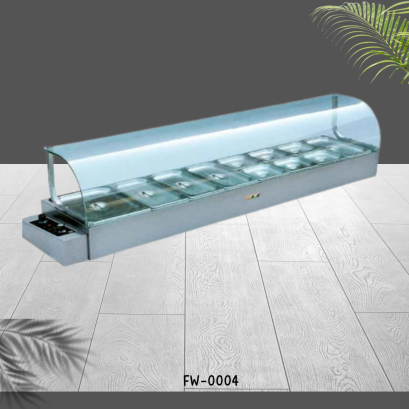 ตู้อุ่นอาหารระบบไฟฟ้า 8 ถาด ครอบกระจกโค้ง เป็นรุ่นวางบนเคาว์เตอร์ ตัวตู้สแตนเลส 