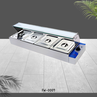 เคาว์เตอร์อุ่นอาหาร 4 ถาดพร้อมโครงกระจก ฮีทเตอร์ 1500 วัตต์ ไฟฟ้า 220-50-1