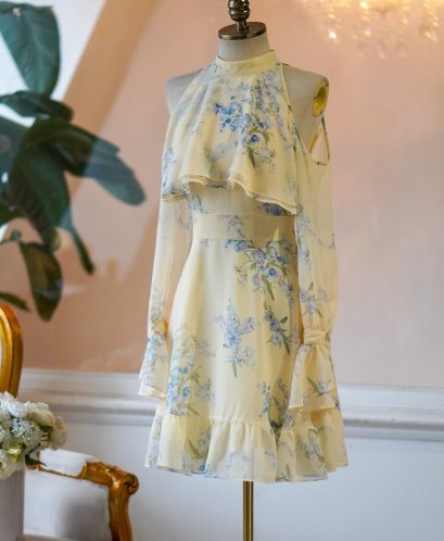 ชุดเดรสสีเหลืองพาสเทลสวยๆ เดรสผ้าชีฟองสีเหลืองน่ารักๆ