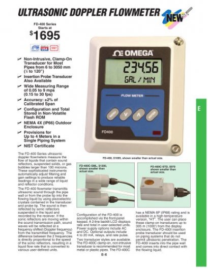 FD-400 OMEGA เครื่องวัดอัตราการไหลแบบอุลตร้าโซนิคชนิดรัดท่อ Ultrasonic Clamp On Flow Meter / ราคา