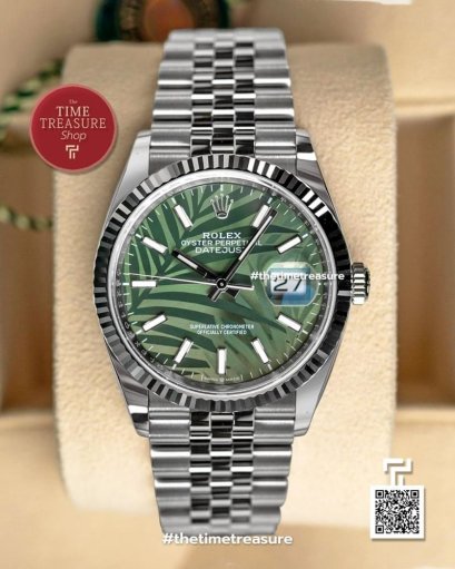 Rolex 126234 Datejust 36 Fluted Olive Green Plam Motif Dial Jubilee