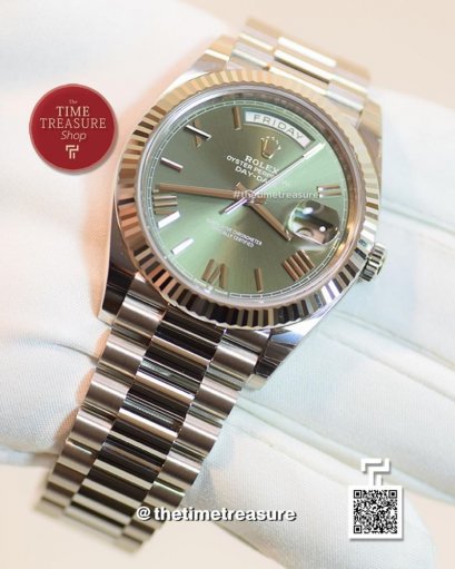 Rolex 228239 Day-Date 40 Full White Gold Olive Green Roman Dial 