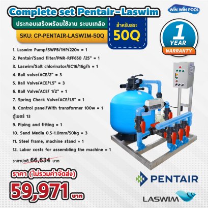 Complete set Pentair-Laswim ประกอบเสร็จพร้อมใช้งาน ระบบเกลือ สำหรับสระ 50Q รับประกัน 1 ปี เต็ม