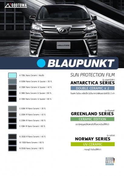 ฟิล์มกันแดดติดรถยนต์ บลาวฟุ้งค์ Blaupunkt BLAUPUNKT SUN PROTECTIOM FILM สำหรับรถยนต์ ALPHARD / VELLFIRE 30 รุ่นปี 2015-2021