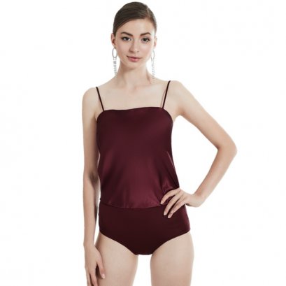 บอดี้สูทซาตินสายเดี่ยว สีแดงไวน์ รหัส FHBSS2