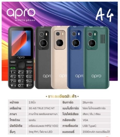 APRO รุ่น A4 โทรศัพท์ มือถือปุ่มกด ใสซิม 4G, 5G ได้ รุ่นใหม่ แบตอึด 2500mAh เสียงดัง จอใหญ่ ปุ่มกดใหญ่ เมนูภาษาไทย ใส่ได้ทุกเครือข่าย ประกันศูนย์ 1ปี