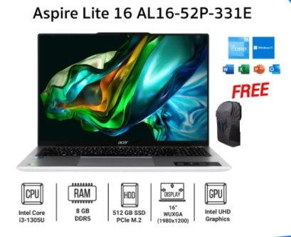 Notebook Acer Aspire Lite 16 AL16-52P-331E จอขนาด 16.0" ระดับ WUXGA IPS Intel Core i3-1305U Processor (Light Silver) ฟรี กระเป๋าเป้ ของ Acer + Mouse