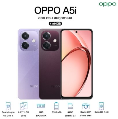 OPPO A5i RAM4GB / ROM64GB จอ 6.67 แบตเตอรี่ 5,100mAh ชาร์จเร็ว45W Type-C