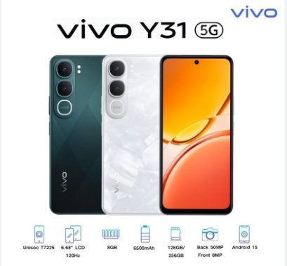 VIVO Y31 5G Ram8GB / Rom128GB จอ 6.68 นิ้ว กล้องหลัง 50MP กล้องหน้า 8MP แบตเตอรี่ 6500mAh ประกัน 1ปี