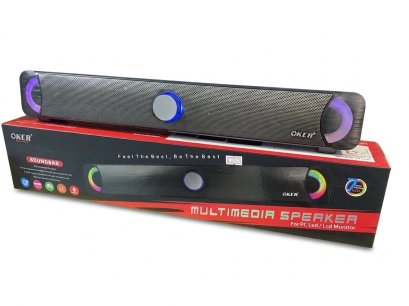 ลำโพงซาวด์บาร์ OKER รุ่น SP-8018 มีไฟ LED, กำลังไฟ 3.6 วัตต์ และการเชื่อมต่อผ่านพอร์ต AUX 3.5 มม. ออกแบบมาใช้ร่วมกับ PC, LED หรือ LCD Monitor
