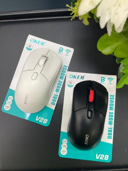 เมาส์ไร้สาย OKER รุ่น V28  ฟังก์ชันการทำงานแบบ Dual-Mode ที่รองรับการเชื่อมต่อทั้ง Bluetooth 5.1 และ Wireless 2.4G  Silent Click ทำให้คลิกเงียบ