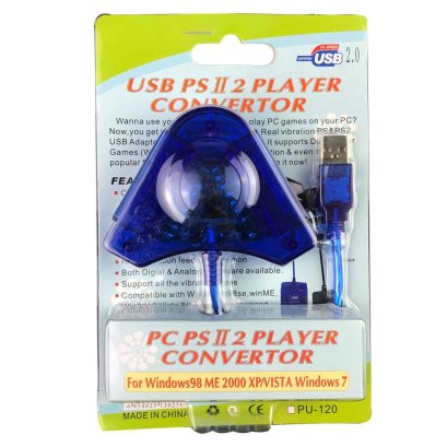 ตัวแปลงจอย PS2 เป็น USB สีฟ้า Dual Player สายอะแดปเตอร์สำหรับ PS2 Controller PC USB 2.0 Blue - INTL PU-302