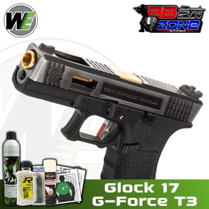WE Glock17 T3 G-Force GBB  เฟรมดำ สไลด์เงิน ท่อทอง