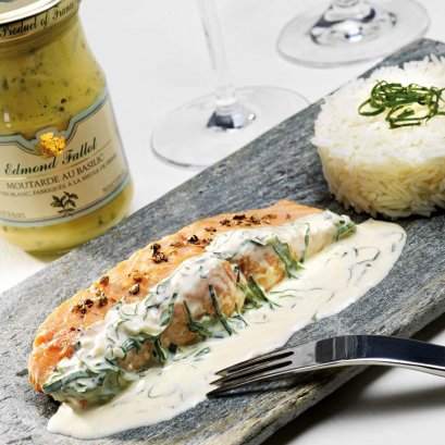 Thick salmon with Edmond Fallot Basil Dijon Mustard