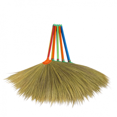 ไม้กวาดดอกหญ้าด้ามพลาสติก (หนา) เย็บ 3 สี