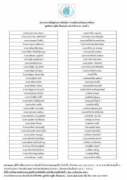 ประกาศรายชื่อผู้ผ่านการคัดเลือก การสมัครขอรับทุนการศึกษา มูลนิธิทาง สู่ฝัน ปั้นคนเก่ง ประจำปี 2561 รอบที่ 1