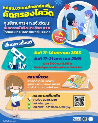 สปสช. ม.มหิดล ธพส. เปิดตรวจโควิด-19 ด้วย ATK ที่ศูนย์ราชการฯ ถ.แจ้งวัฒนะ 11-21 ม.ค.นี้ 
