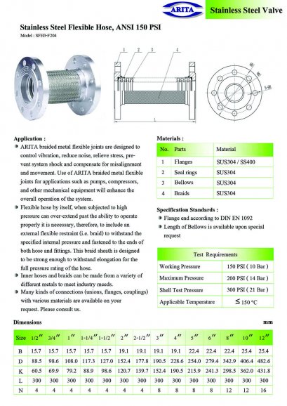 Stainless Steel Flexible Hose, ANSI 150 PSI