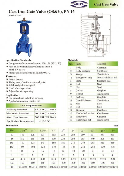 Cast Iron Resilient Gate Valve (OS&amp;Y), PN 16