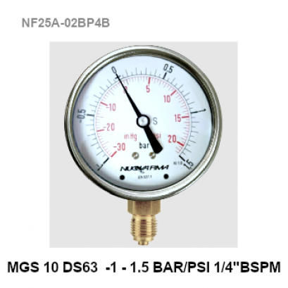 -1-1.5 Bar(-30-20 inHg) Ø 2.5&quot; Brass Lower 1/4&quot;