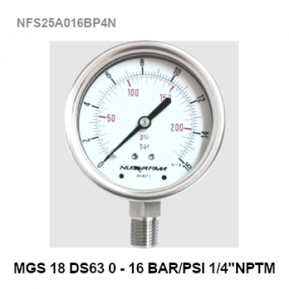 0-16 Bar Ø 2.5&quot; Stainless Steel Back Connect 1/4&quot;